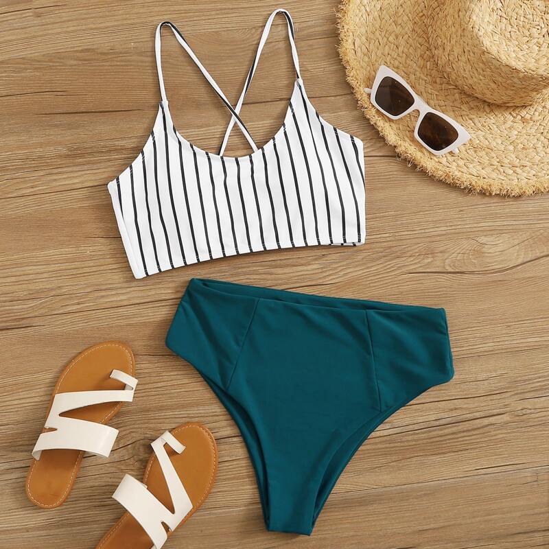 

Striped Lace-up Back High Waisted Bikini Swimsuit, Multicolor