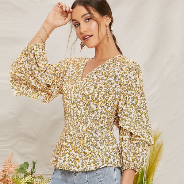 

Ruffle Puff Sleeve Floral Wrap Blouse, Multicolor