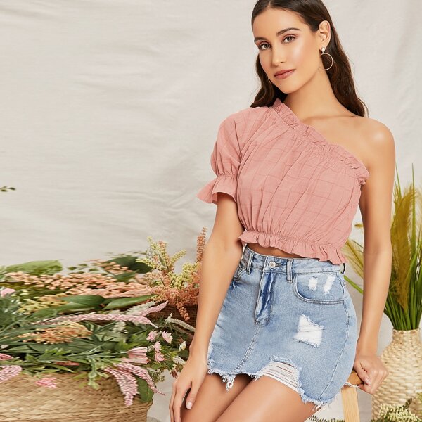 

Short Sleeve One Shoulder Ruffle Top, Pink