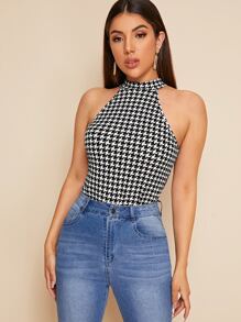 SHEIN Privé Houndstooth Halter Top - Black and White - View 3
