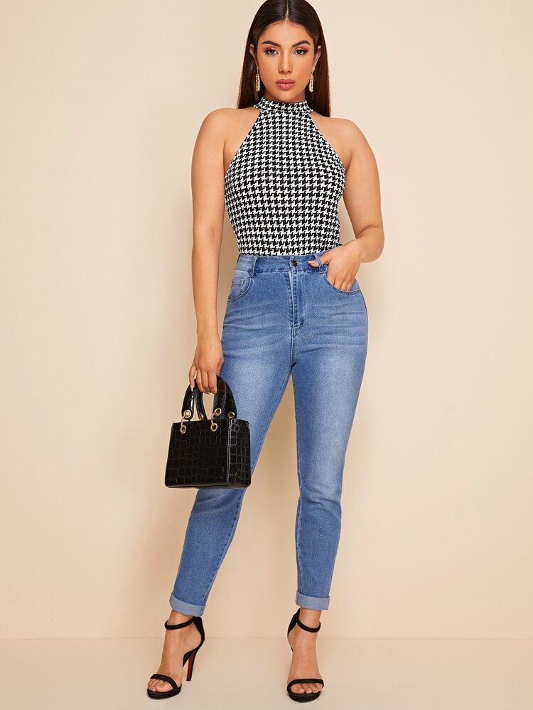 SHEIN Privé Houndstooth Halter Top - Black and White - View 4