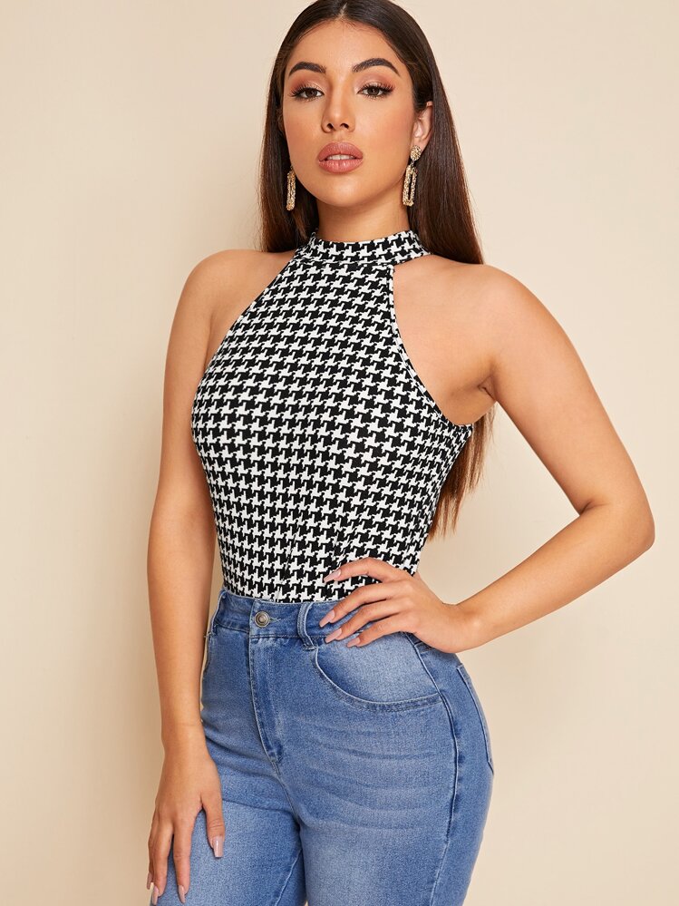 SHEIN Privé Houndstooth Halter Top - Black and White - View 1