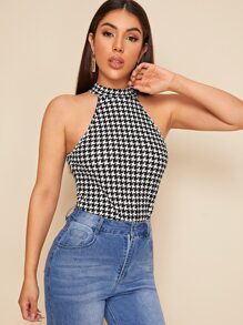 SHEIN Privé Houndstooth Halter Top - Black and White - View 5