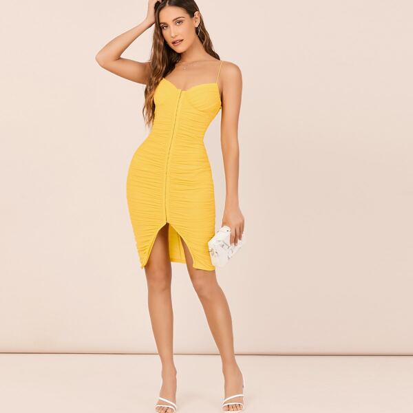 

Hook And Eye Front Ruched Mesh Sleeveless Dress, Yellow