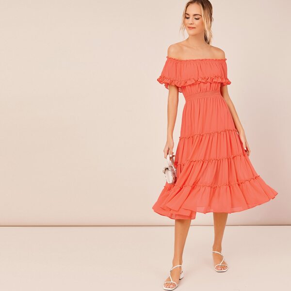 

Off Shoulder Shirred Ruffle A-Line Midi Dress, Orange