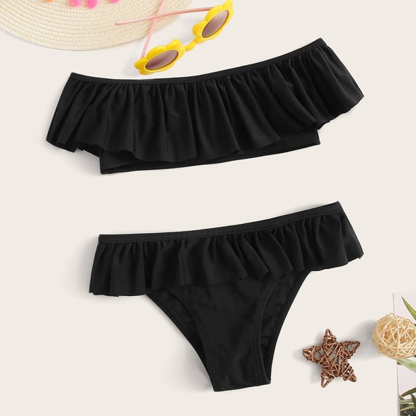 

Girls Flounce Bardot Top With Ruffle Trim Bikini, Black