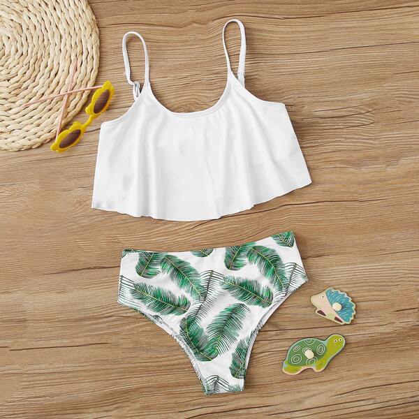 

Girls Flounce Top With Tropical Print Bikini, Multicolor
