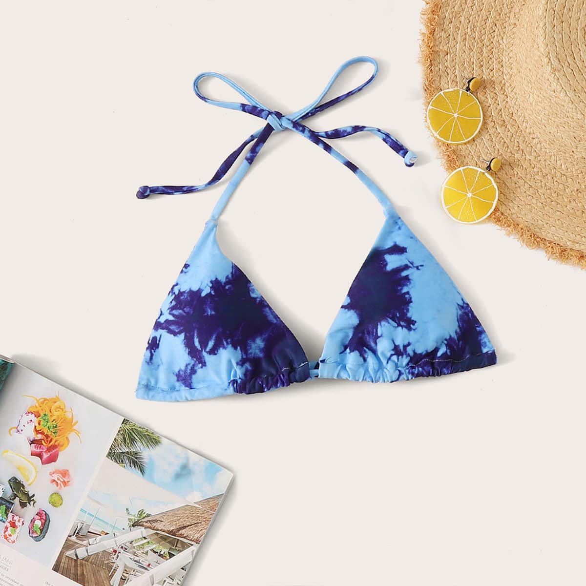 

Tie Dye Triangle Halter Bikini Top, Blue