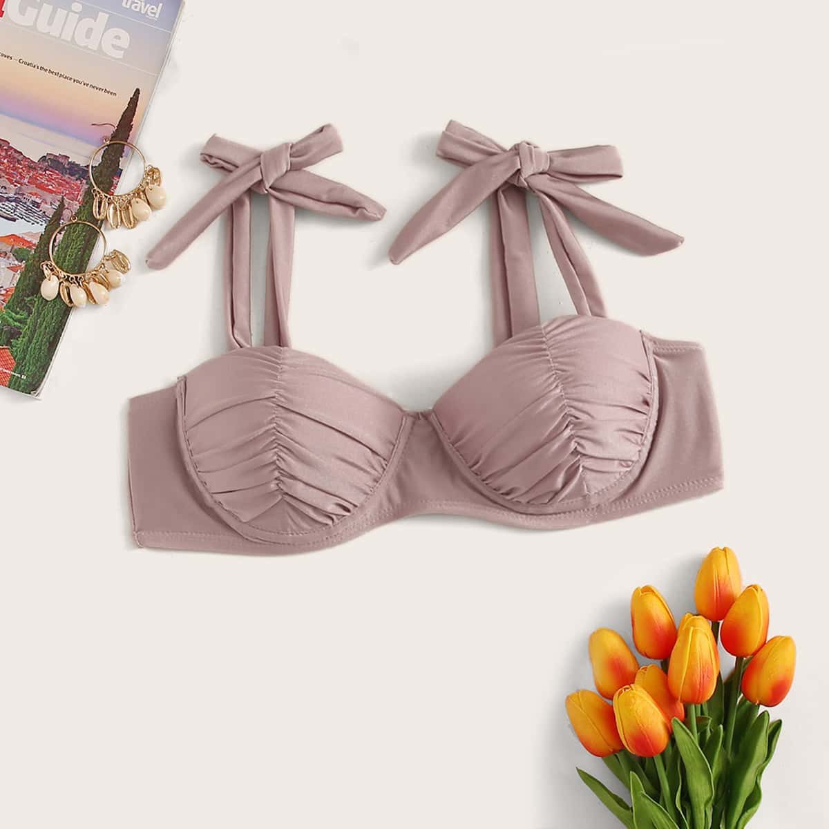 

Ruched Detail Tie Shoulder Underwire Bikini Top, Pink