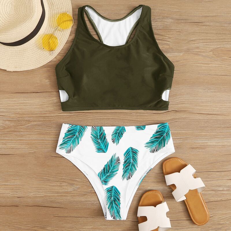 

Palm Leaf Print Cut-out Bikini Swimsuit, Multicolor