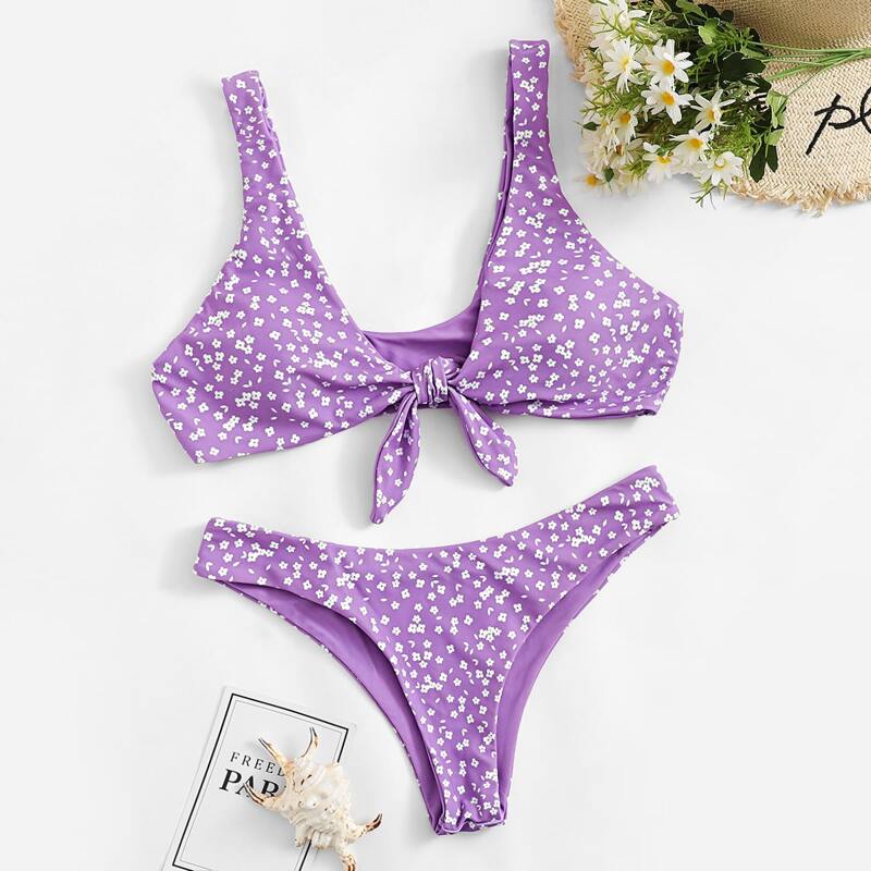 

Ditsy Floral Tie Front Cheeky Bikini Swimsuit, Purple