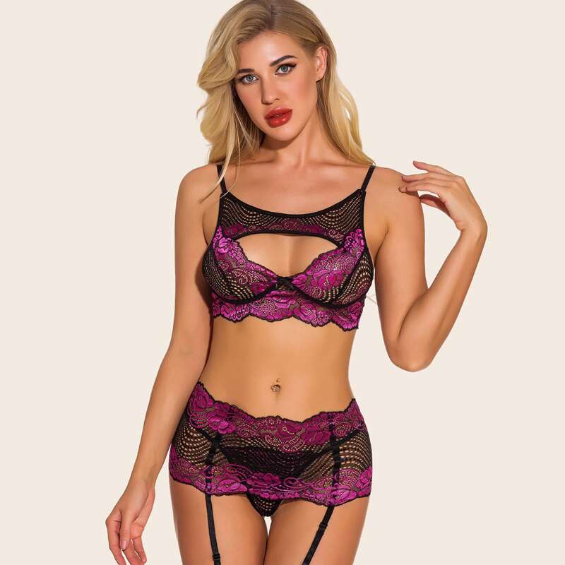 

High Neck Floral Lace Cutout Front Garter Lingerie Set, Multicolor