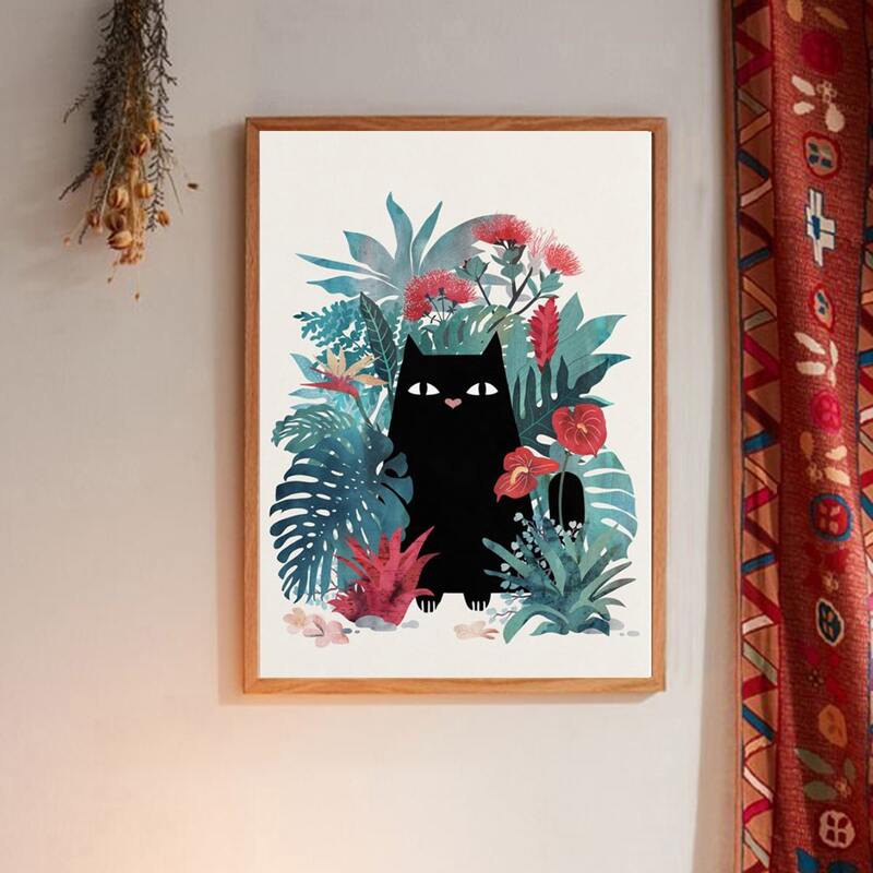 

Flower & Cat Print Wall Painting Without Frame, Multicolor