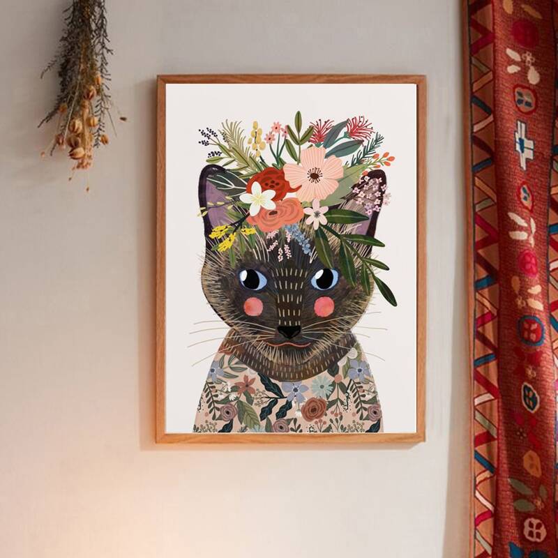 

Cat & Flower Print Wall Painting Without Frame, Multicolor