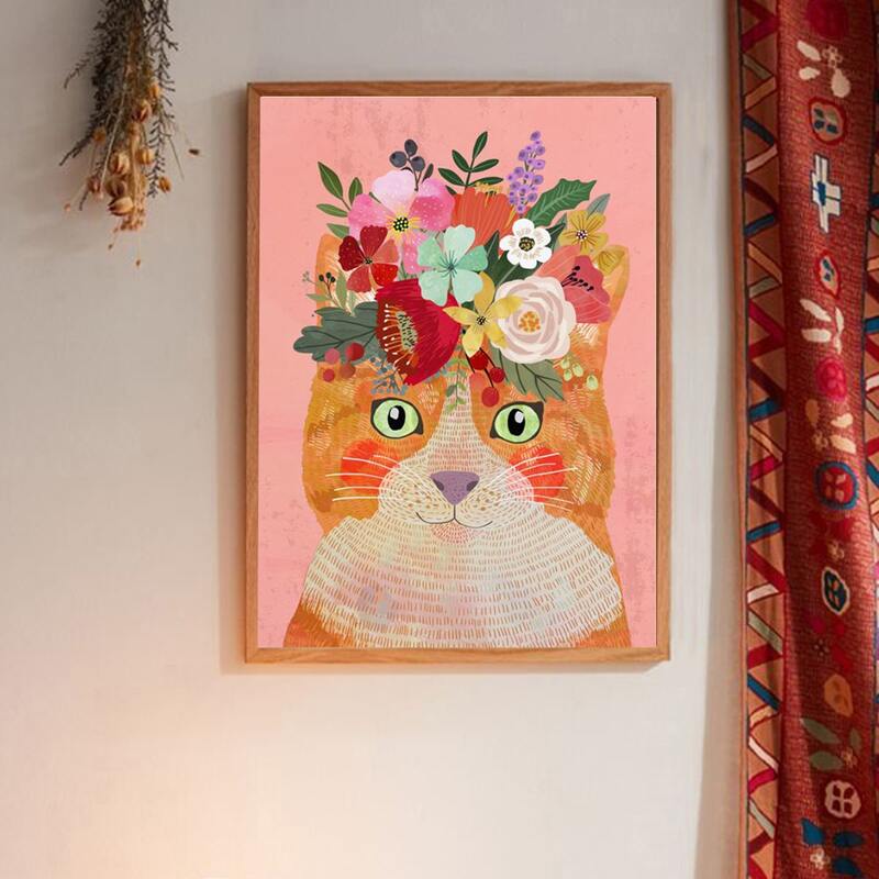 

Flower Cat Print Wall Painting Without Frame, Multicolor
