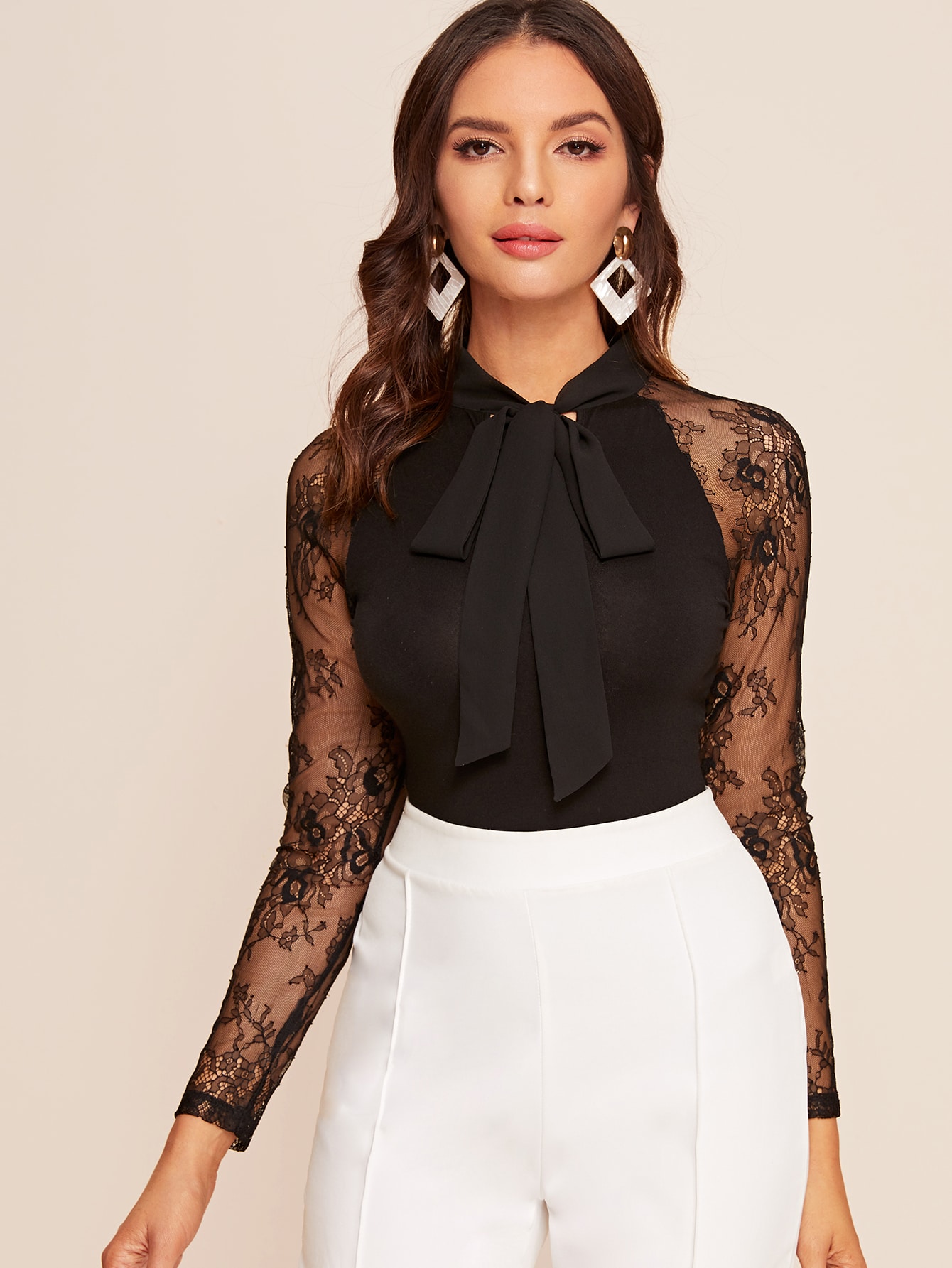 Pussycat Bow Sheer Lace Raglan Sleeve Top thumbnail