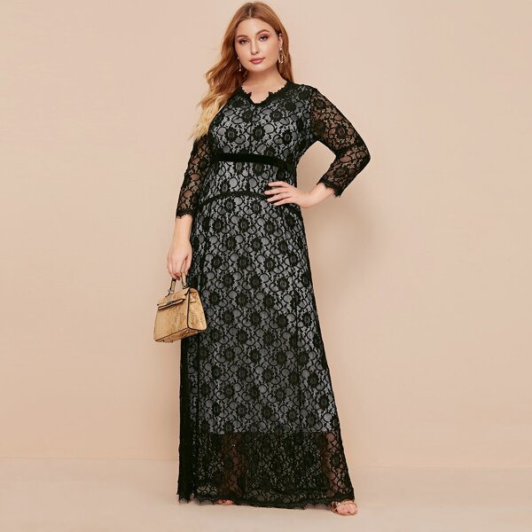 

Plus V-Neck Lace Maxi Dress, Black