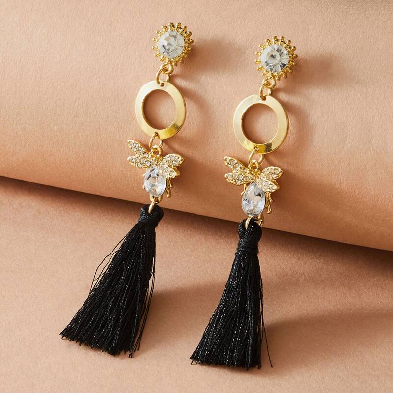 

1pair Rhinestone Engraved Tassel Drop Earrings, Multicolor