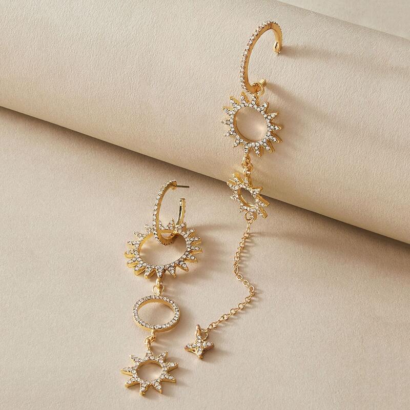 

1pair Rhinestone Engraved Star Mismatched Drop Earrings, Gold