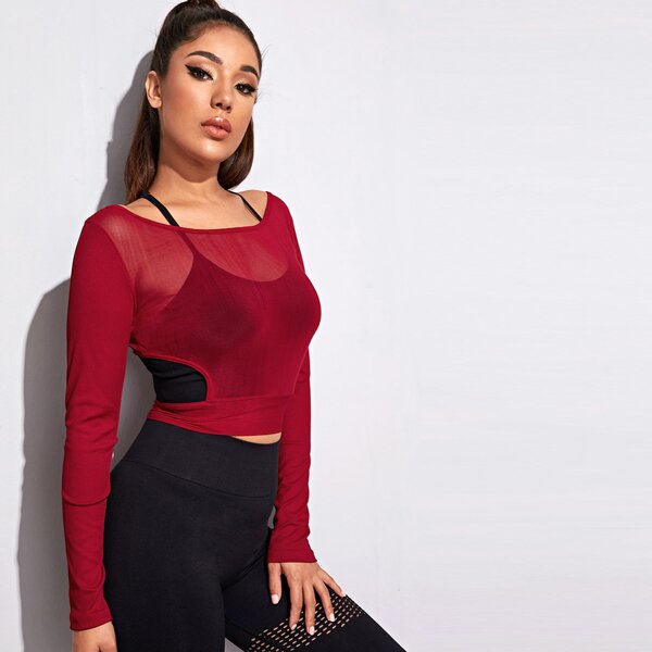 

Tie Back Sheer Mesh Sports Tee, Red