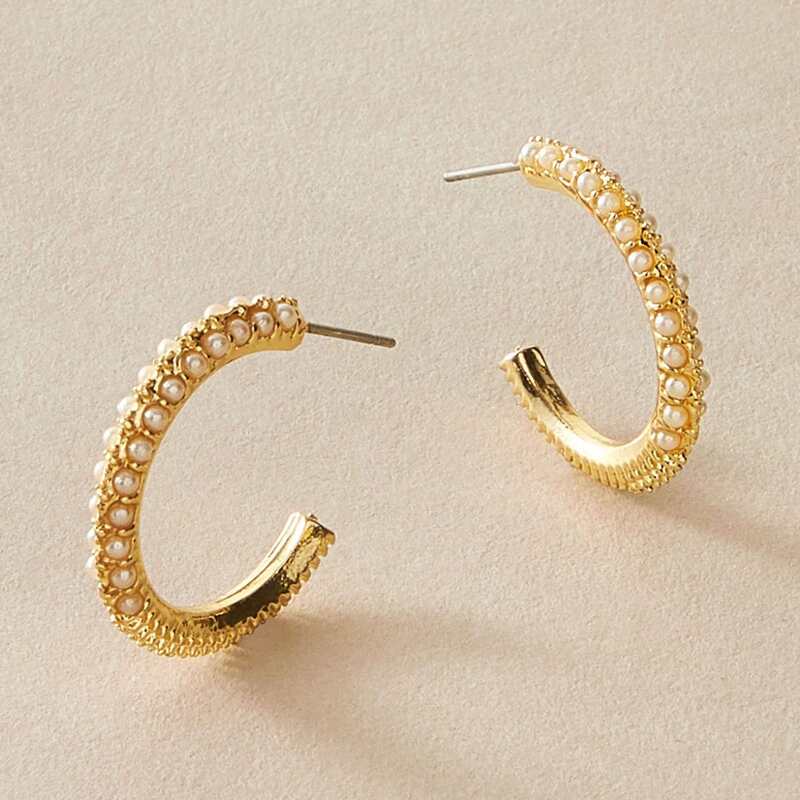 

1pair Faux Pearl Decor Cuff Hoop Earrings, Gold