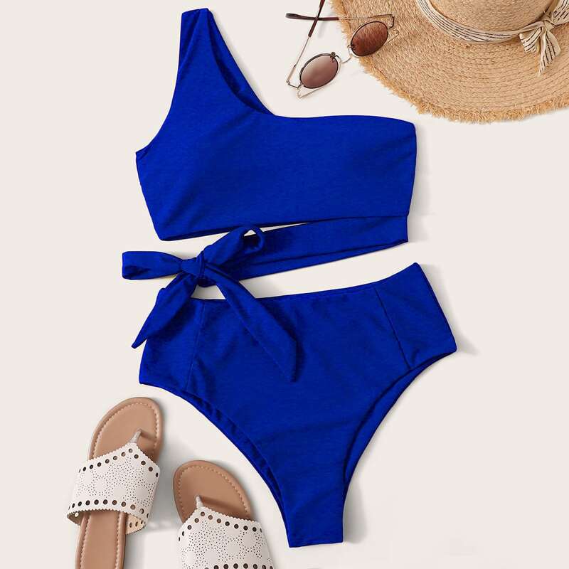 

Bow Tie One Shoulder Bikini Swimsuit, Blue