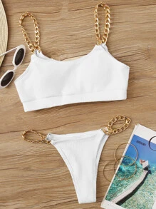 羅紋鏈條帶上衣和丁字褲比基尼套裝 - 白色 - 查看 3