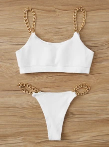 羅紋鏈條帶上衣和丁字褲比基尼套裝 - 白色 - 查看 2