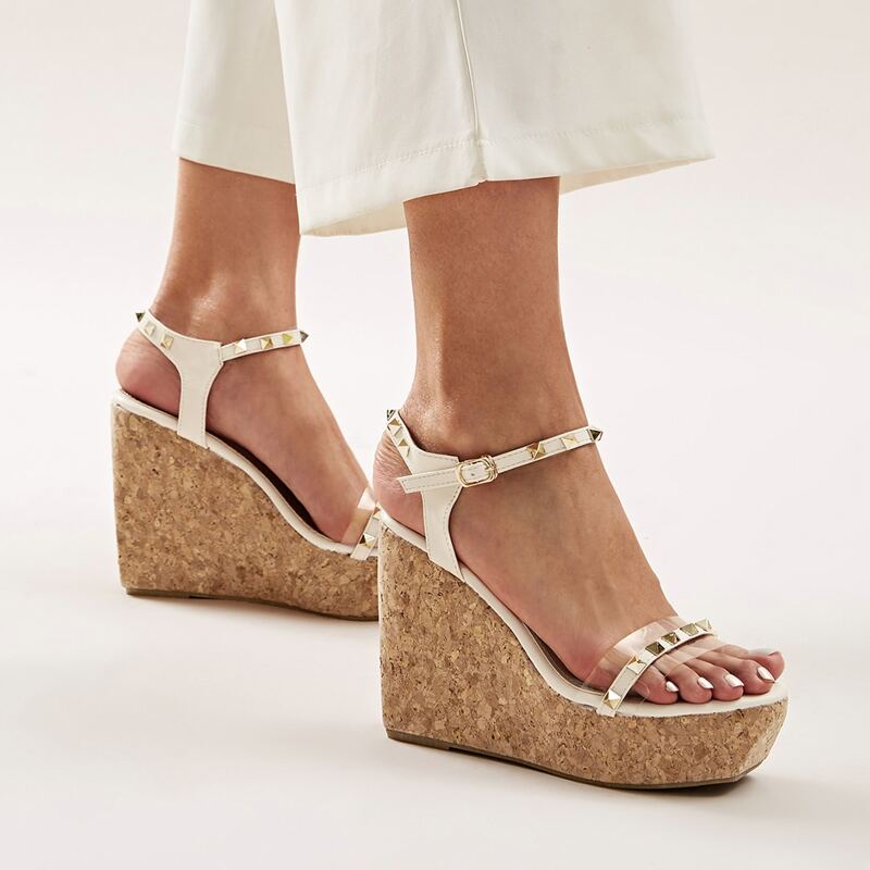 

Open Toe Spiked Decor Cork Wedges, White