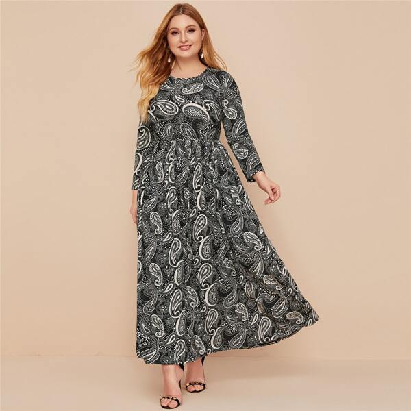 

Plus All Over Paisley Print A-Line Dress, Black