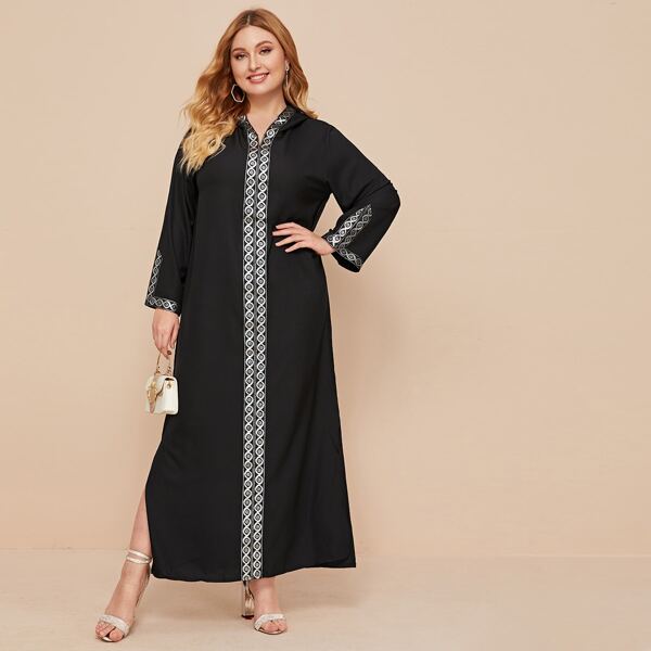 

Plus Geo Print Side Split Hooded Dress, Black