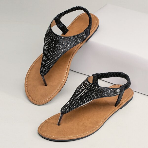 

Rhinestone Thong Slingback Sandals, Black