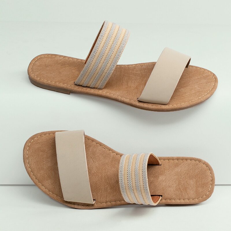 

Double Stripe Band Flat Slide Sandals, Khaki