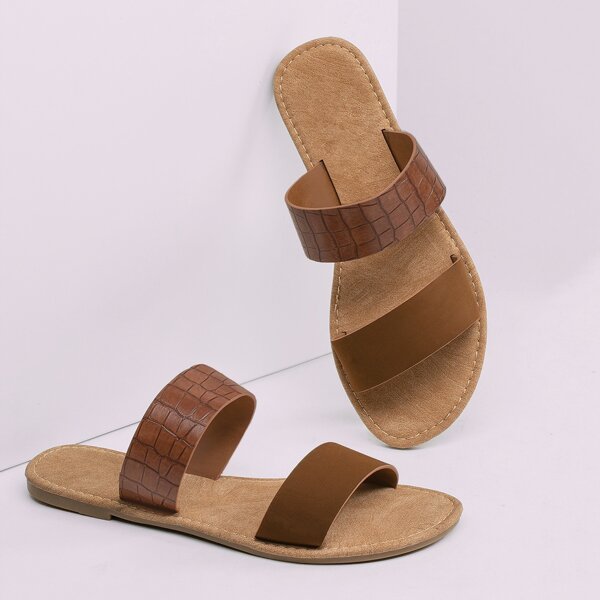

Croc Detail Double Band Flat Slide Sandals, Brown