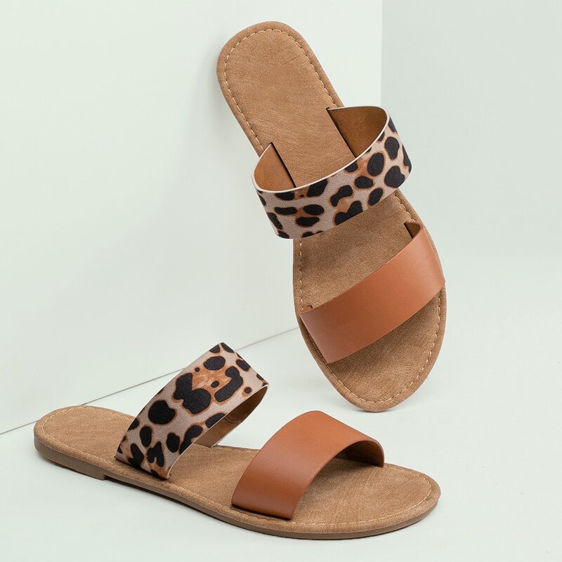 

Leopard Double Band Open Toe Slide Sandals, Multicolor