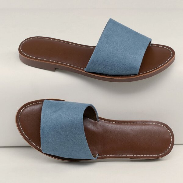 

Open Toe Wide Band Flat Slide Sandals, Blue