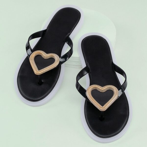 

Heart Detail Jelly Thong Sandals, Black