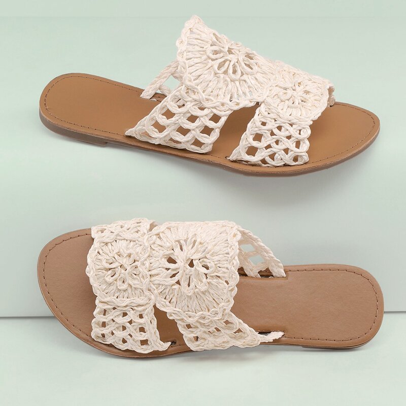 

Woven Straw Open Toe Flat Slide Sandals, White