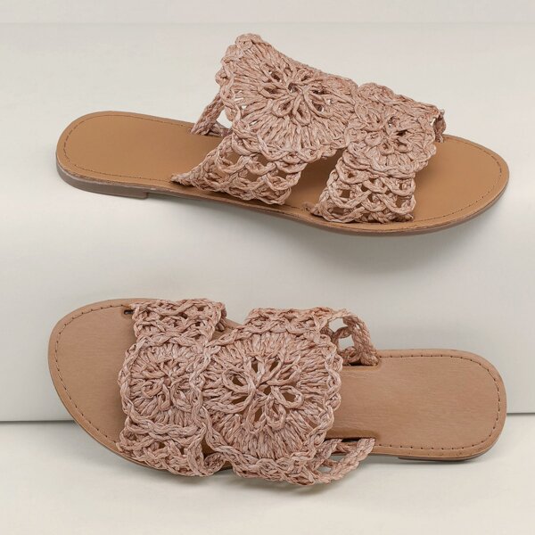 

Woven Raffia Open Toe Flat Slide Sandals, Khaki