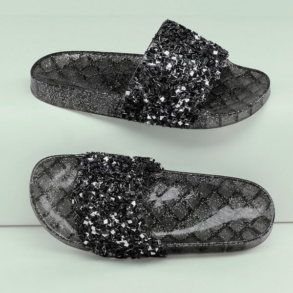 

Beaded And Sequin Jelly Glitter Slide Sandals, Black