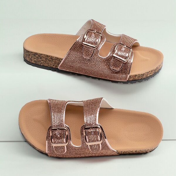 

Crystal Twin Buckle Cork Sole Slide Sandals, Gold