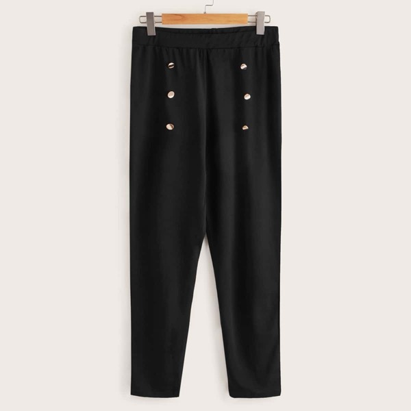 

Plus Double Button Solid Leggings, Black