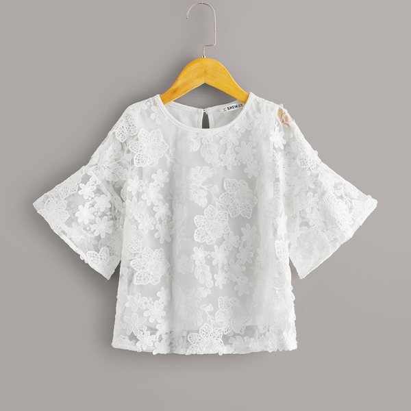 

Girls Flounce Sleeve Embroidered Mesh Overlay Top, White