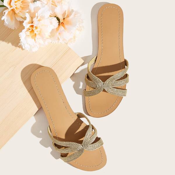 

Open Toe Hemp Rope Design Band Sliders, Gold
