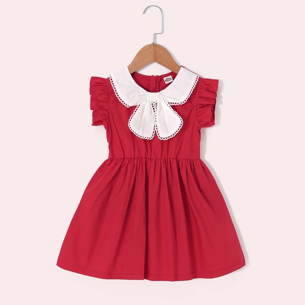 

Toddler Girls Tie Neck Frill Cuff Dress, Red