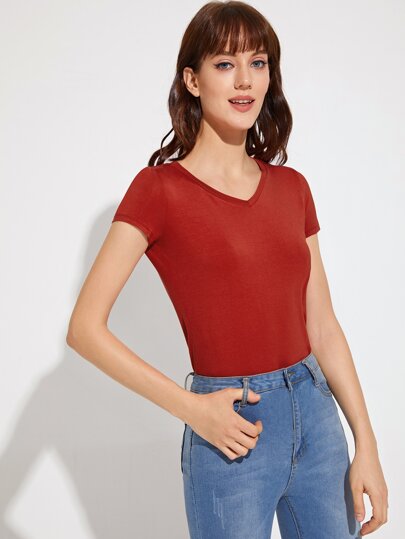 V-Neck Split Side Dip Hem Top