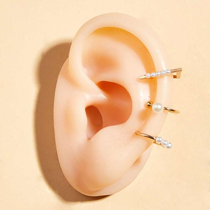 

3pcs Faux Pearl Decor Geometric Ear Cuffs, Gold