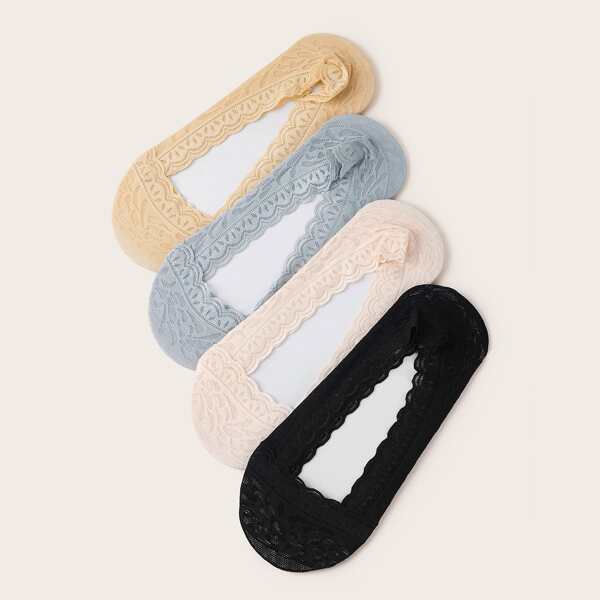 

4pairs Scallop Trim Contrast Lace Invisible Socks, Multicolor