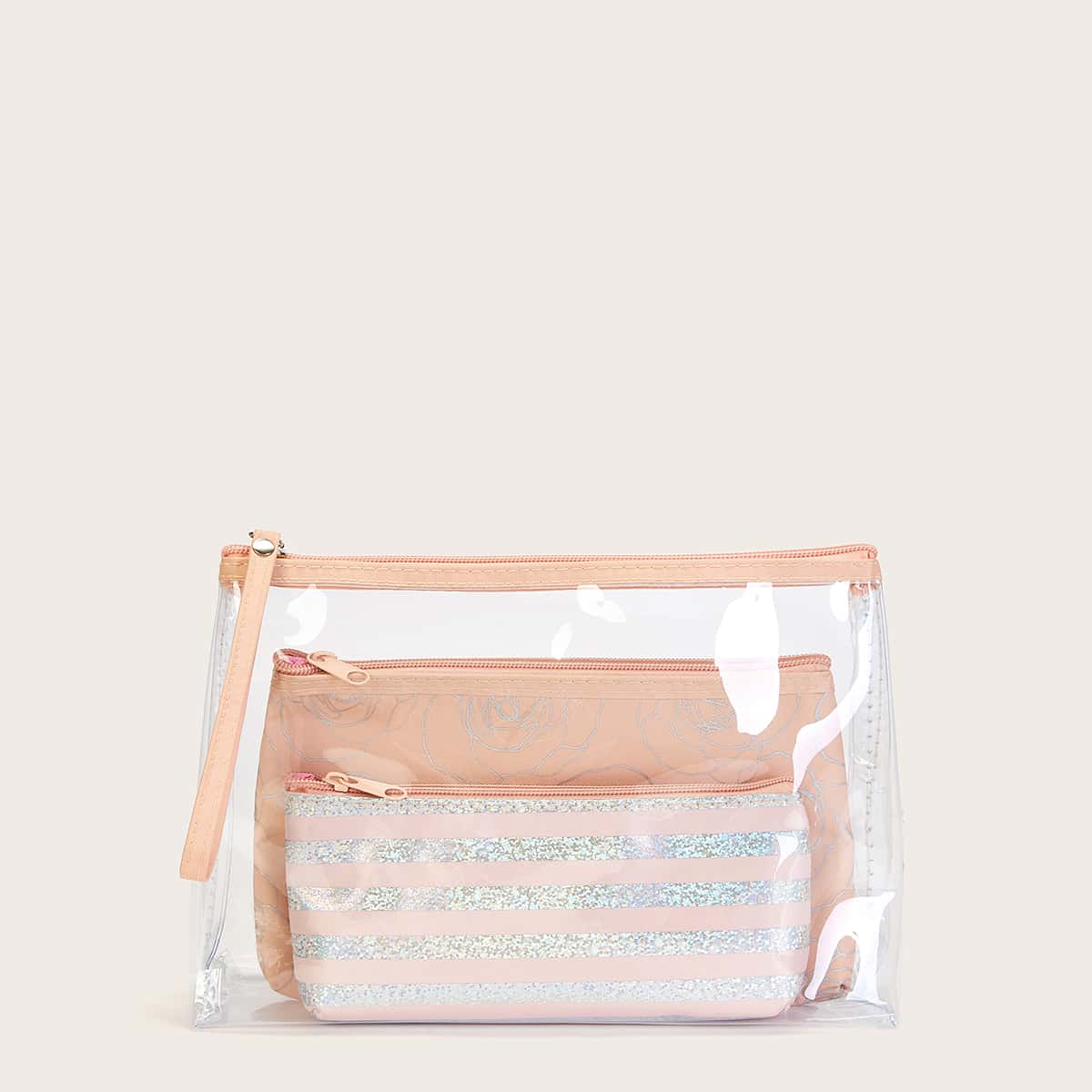 

3pcs Striped & Floral Pattern Makeup Bag, Multicolor