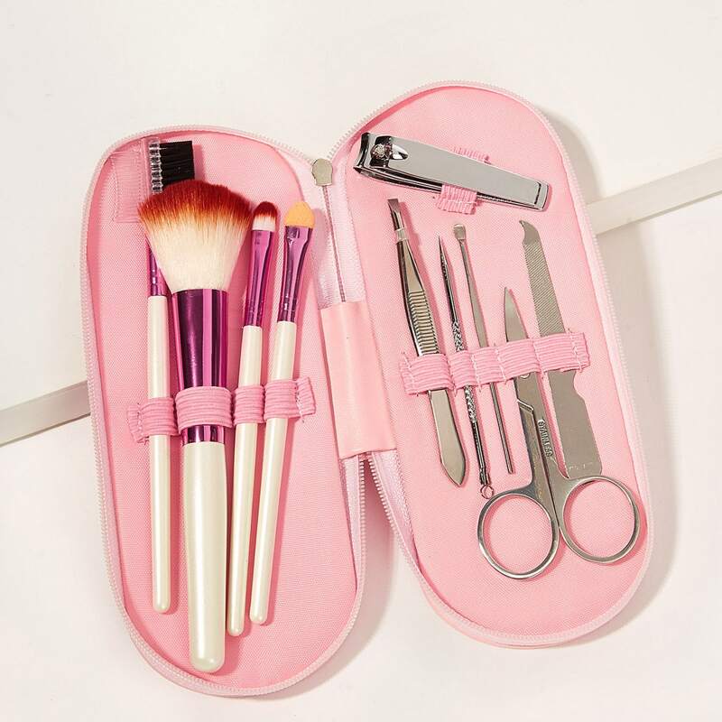 

10pcs Nail Clipper & Makeup Brush Set With Case, Multicolor